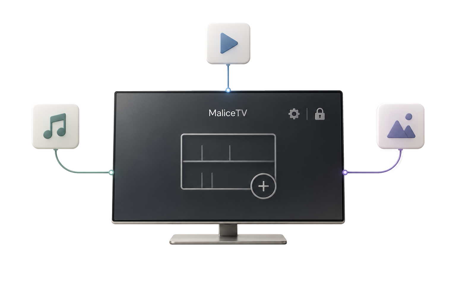MaliceTV shown as a neutral, open hub — the app with no bundled catalog, ready for you to connect your own sources.