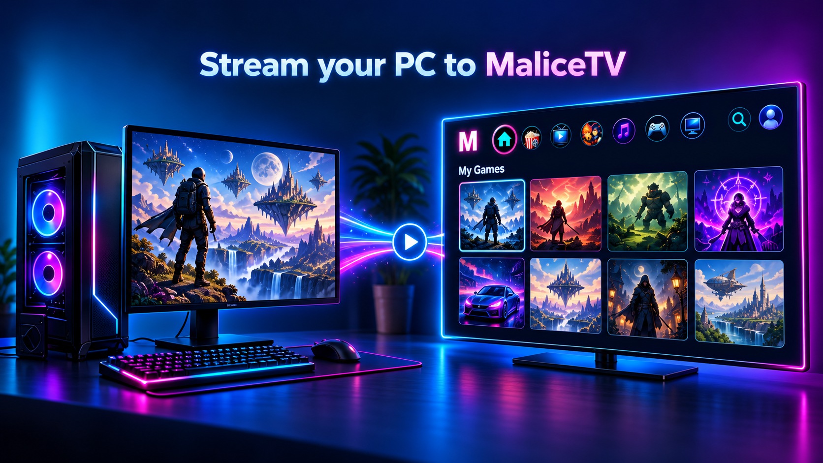 Stream your PC game collection to MaliceTV — a gaming PC beaming its library of games to a TV running MaliceTV.
